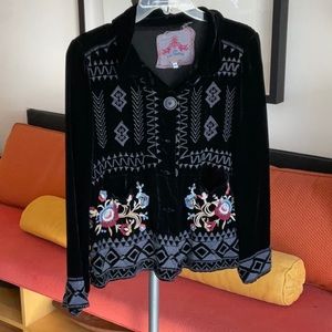 Johnny was black velvet embroidered jacket. Size extra small.